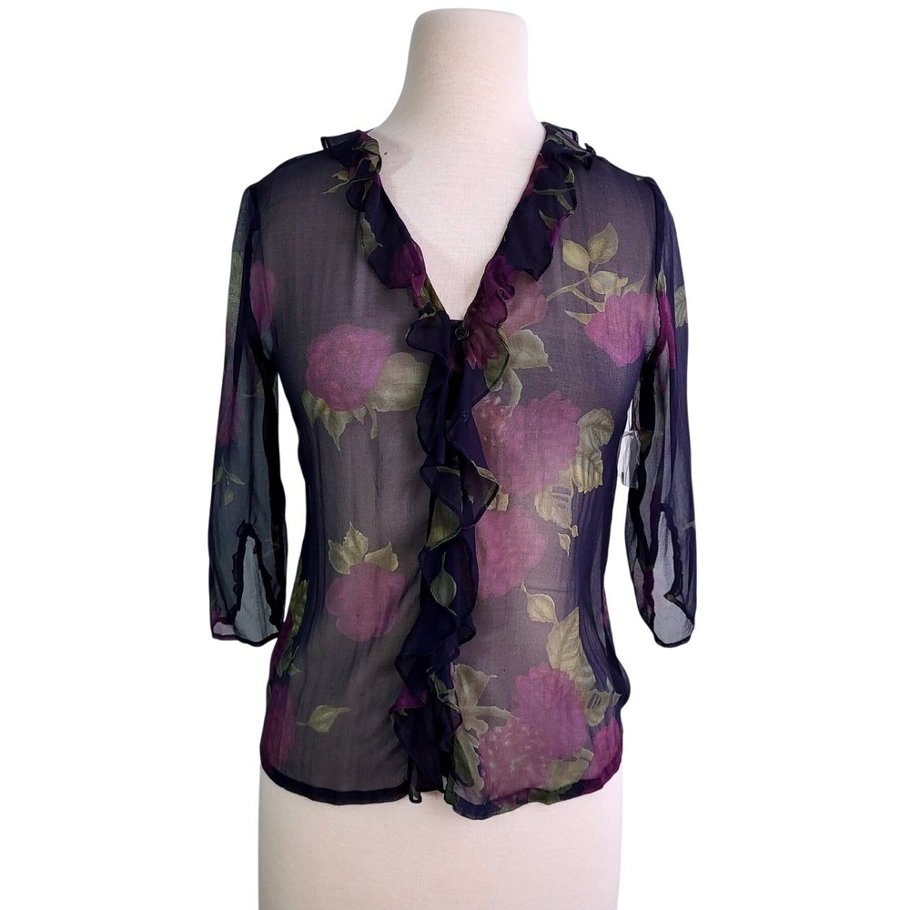Vintage Y2K Kenneth Jay Lane 100% Silk Sheer Floral Ruffle Blouse S Black NEW
